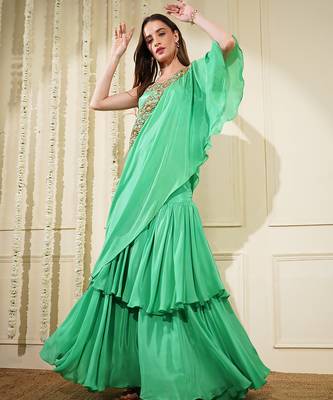 sea green crepe layered flair  fish skirt cape set 5