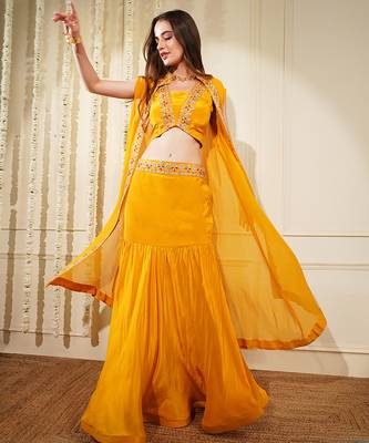 yellow mustard crepe fish cut skirt cape set 5