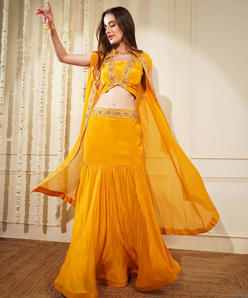 Yellow Mustard Crepe Fish Cut Skirt Cape Set  With Gota Patti Embroidery