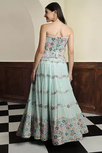 light sea green georgette sequins and bead lehenga set with blouse and dupatta