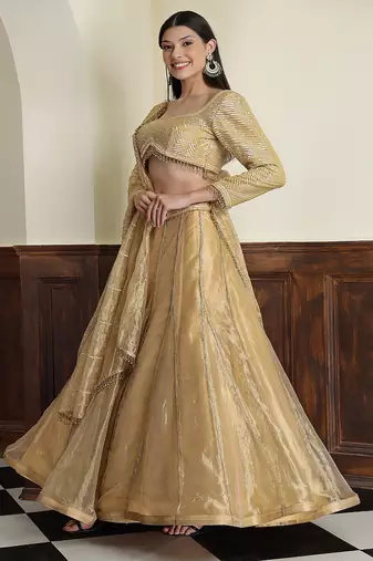 gold tissue sequins cutdana  lehenga set with blouse and dupatta