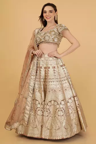 brown sequin cutdana bead organza lehenga set with blouse and dupatta