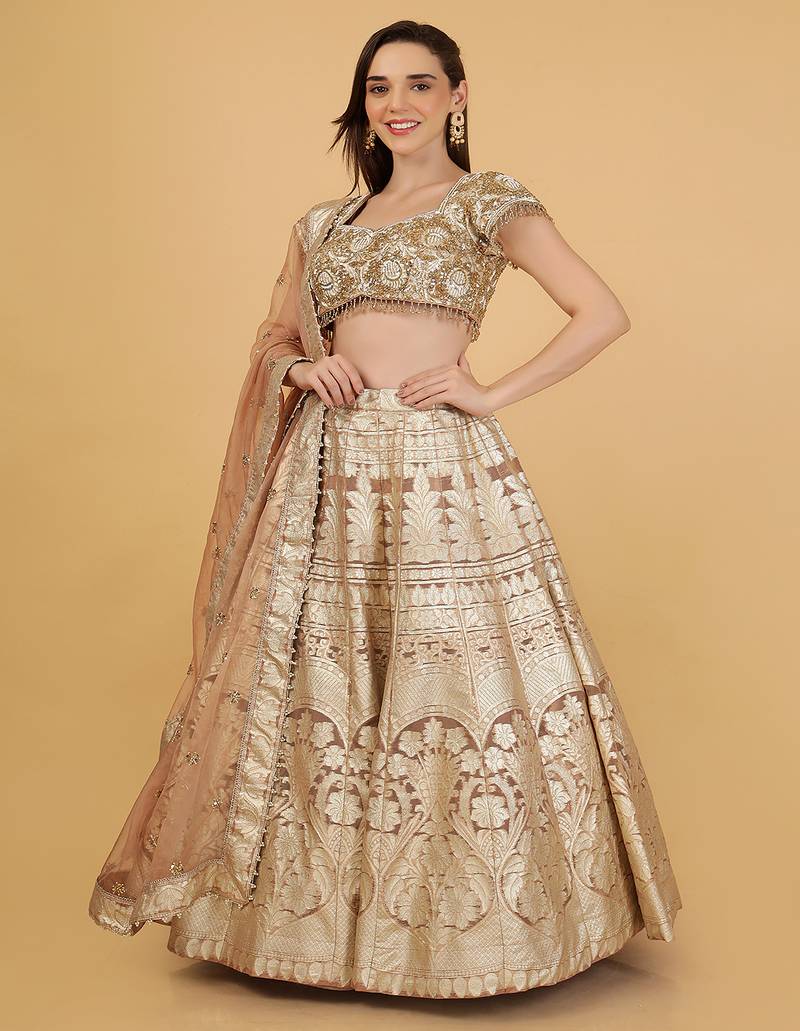 Mocha Brown Sequin Cutdana Bead Organza Lehenga Set