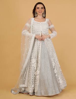 white and silver lehenga set with jacket 5