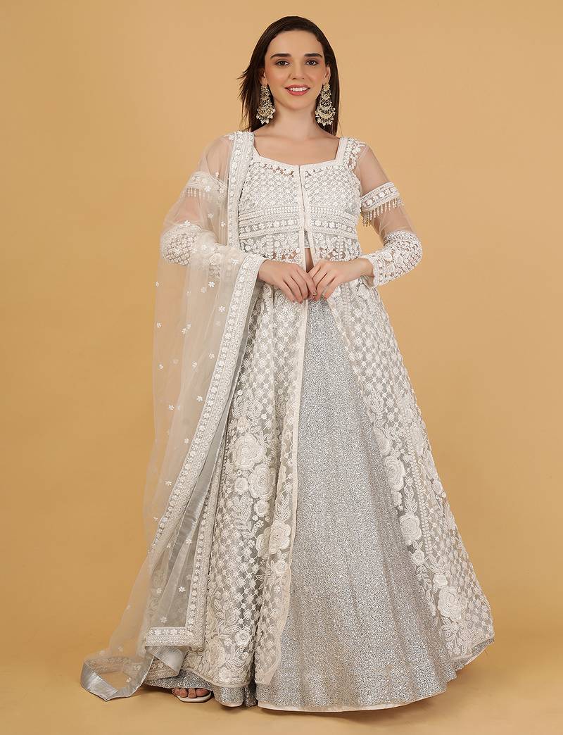 White Jacket And Silver Lehenga With Sequins Cutdana Dori Work