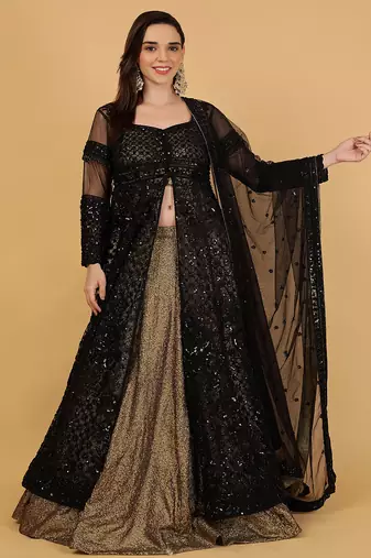 black jacket and antique gold lehenga set