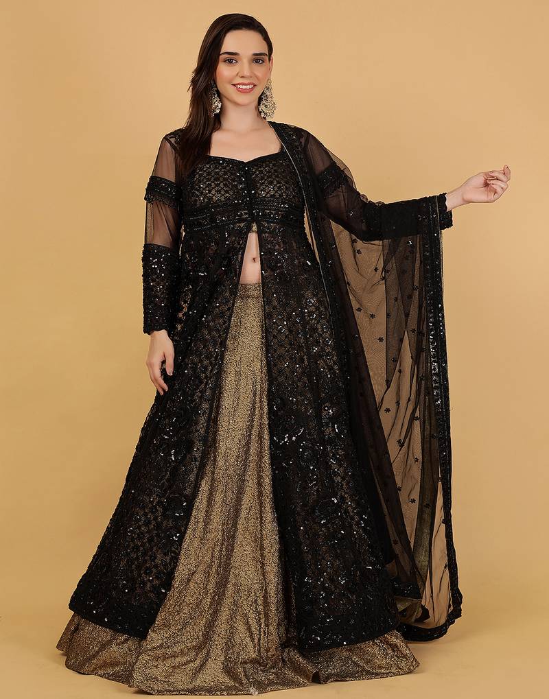 Black Jacket And Antique Gold Lehenga With Sequins Cutdana Dori Work