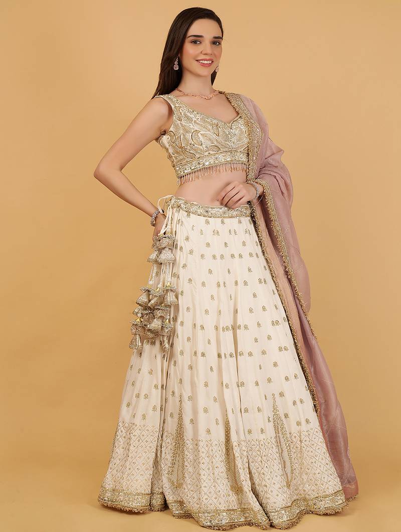 Ivory Silk Lehenga Set With Sequins Zari Cutdana Embroidery