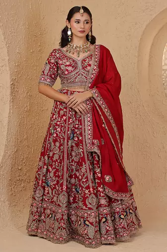 maroon silk bridal lehenga set with blouse and dupatta