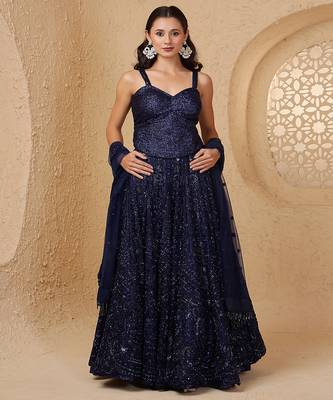 dark blue net cutdana and bead lehenga set with blouse and dupatta 5