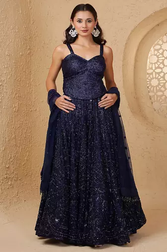 dark blue net cutdana and bead lehenga set with blouse and dupatta
