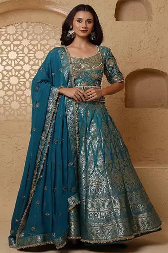 persian blue silk brocade lehenga set with blouse and dupatta