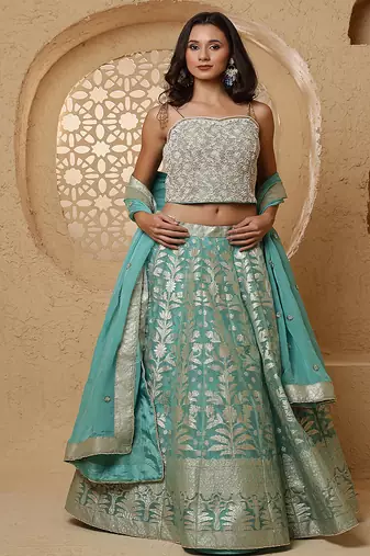 sky blue organza brocade lehenga set with blouse and dupatta