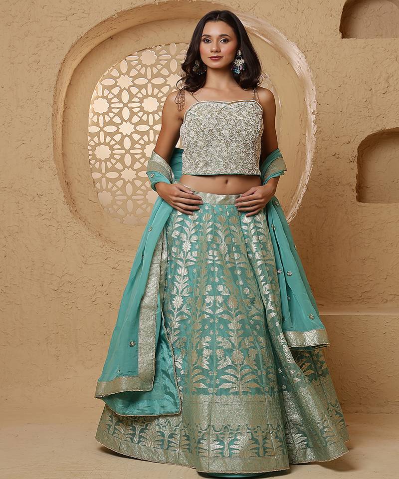 Sky Blue Organza Brocade Lehenga Set