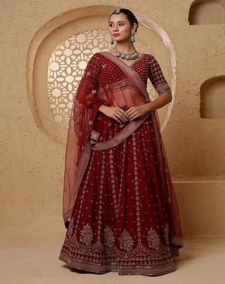 dark maroon viscose silk hand embroidered lehenga set with blouse and dupatta 5