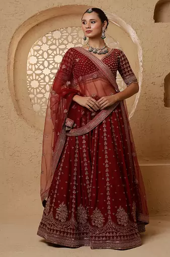 dark maroon viscose silk hand embroidered lehenga set with blouse and dupatta