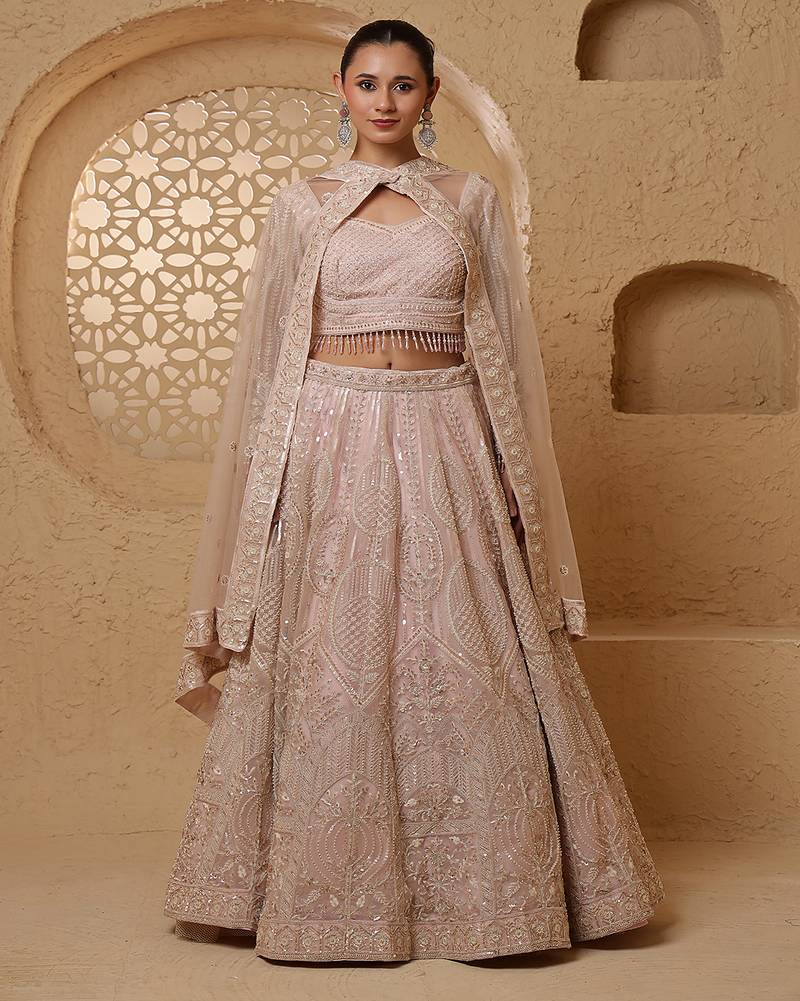 Baby Pink Net Lehenga Set With Sequins And Beadwork