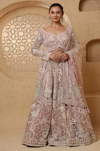 dull pink net heavy sequins beadwork lehenga set with blouse and dupatta