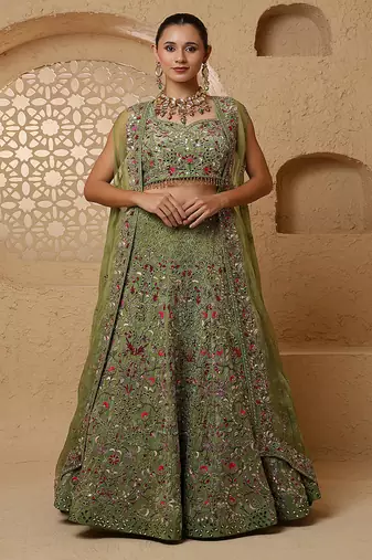 leaf green crepe tissue multicolor mirror  lehenga set with blouse and dupatta
