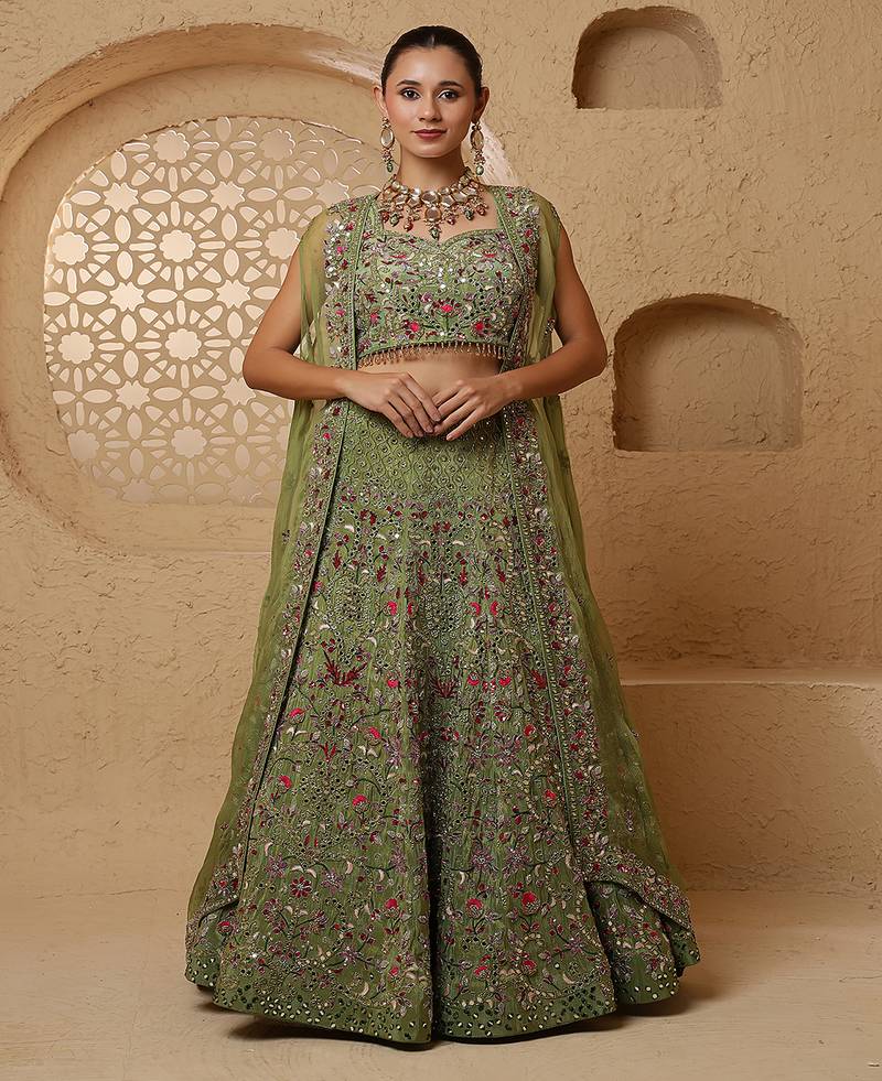 Leaf Green Crepe Tissue Multicolor Mirror  Lehenga Set
