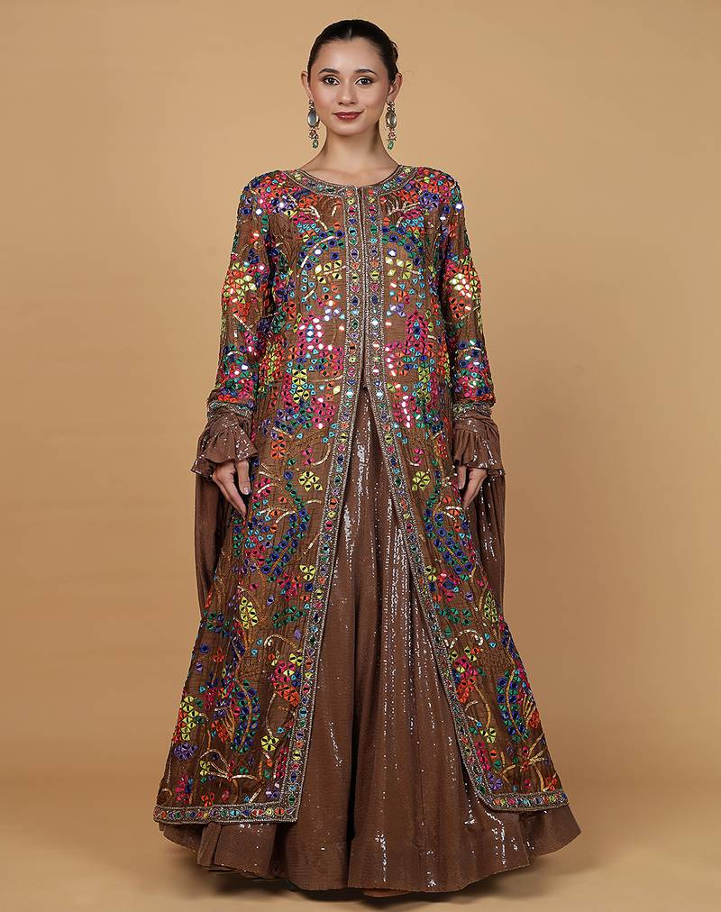 Mocha Brown Viscose Silk Lehenga Set with Mirror  and Sequins