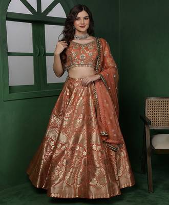 rust orange banarsi silk  brocade lehenga set with blouse and dupatta 5
