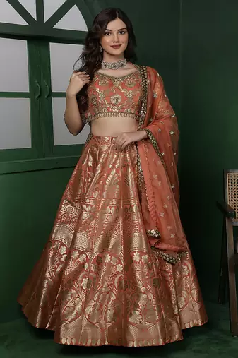 rust orange banarsi silk  brocade lehenga set with blouse and dupatta