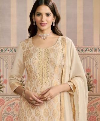 Beige viscose lotus simmer suit with jacquard  2