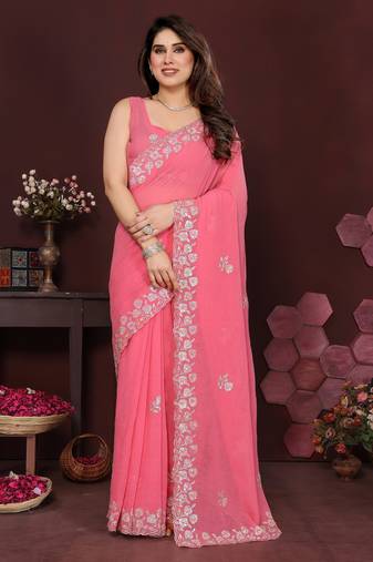 pink saree look georgette silk blend embroidery work saree and blouse with beautiful  tone