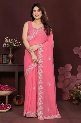 pink saree look georgette silk blend embroidery work saree and blouse with beautiful  tone
