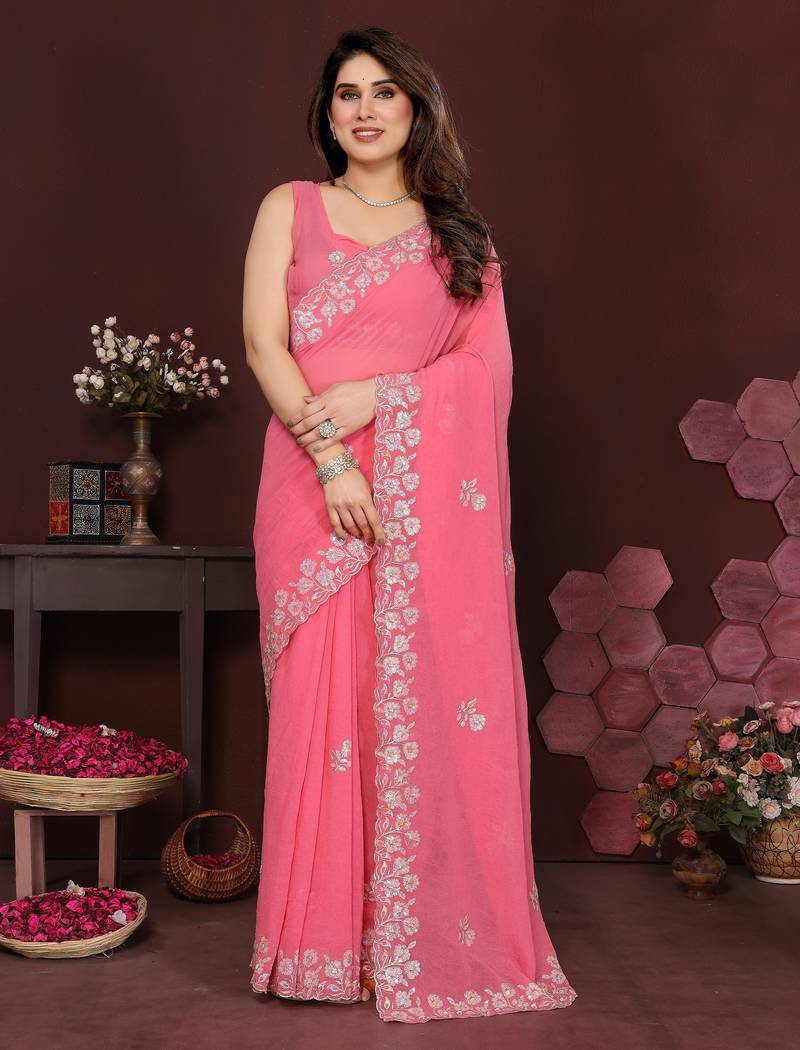 pink saree look georgette silk blend embroidery work saree and blouse with beautiful  tone