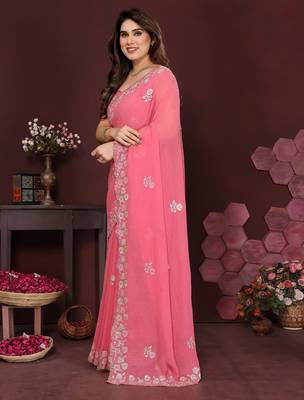 pink saree look georgette silk blend embroidery work saree and blouse with beautiful  tone 2