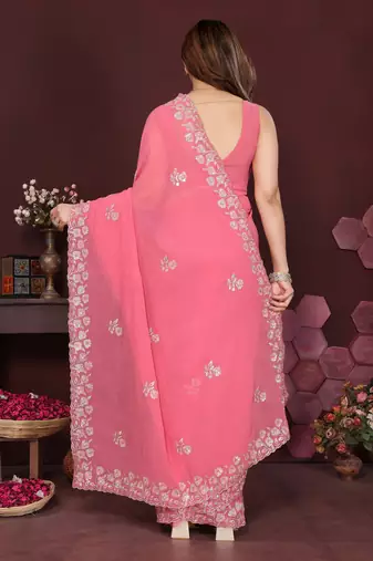 pink saree look georgette silk blend embroidery work saree and blouse with beautiful  tone