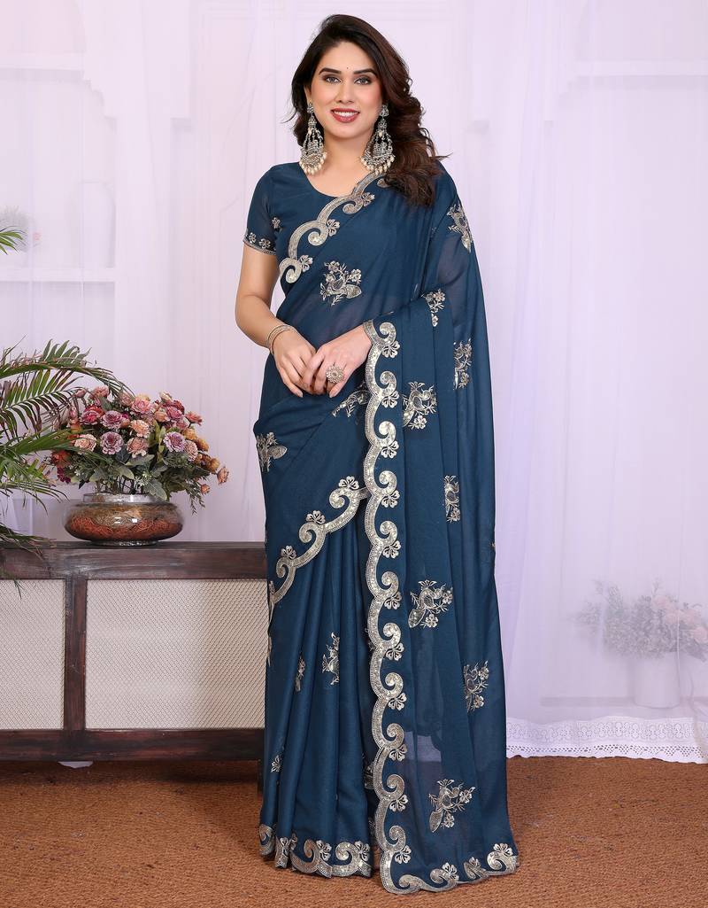 Morpich saree look rich heavy star georgette silk saree with sequins embroidery work saree and blouse
