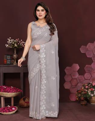 grey saree look georgette silk blend embroidery work saree and blouse with beautiful  tone 1