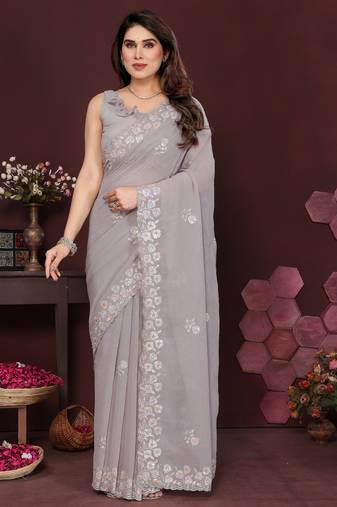 grey saree look georgette silk blend embroidery work saree and blouse with beautiful  tone