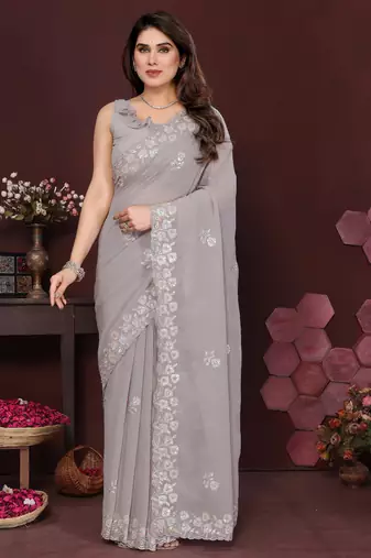 grey saree look georgette silk blend embroidery work saree and blouse with beautiful  tone