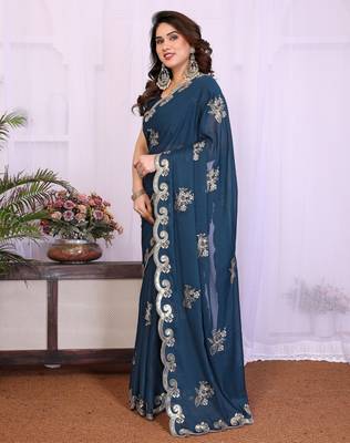 Morpich saree look rich heavy star georgette silk saree with sequins embroidery work saree and blouse 2