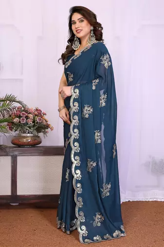 Morpich saree look rich heavy star georgette silk saree with sequins embroidery work saree and blouse