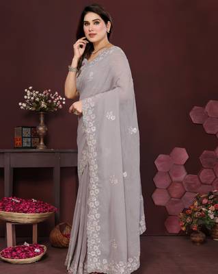 grey saree look georgette silk blend embroidery work saree and blouse with beautiful  tone 2