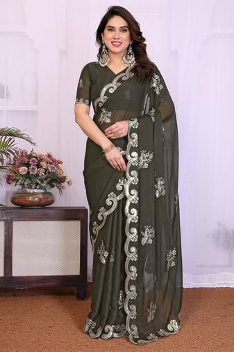 Mehendi saree look rich heavy star georgette silk saree with sequins embroidery work saree and blouse