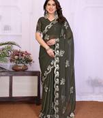 Mehendi saree look rich heavy star georgette silk saree with sequins embroidery work saree and blouse