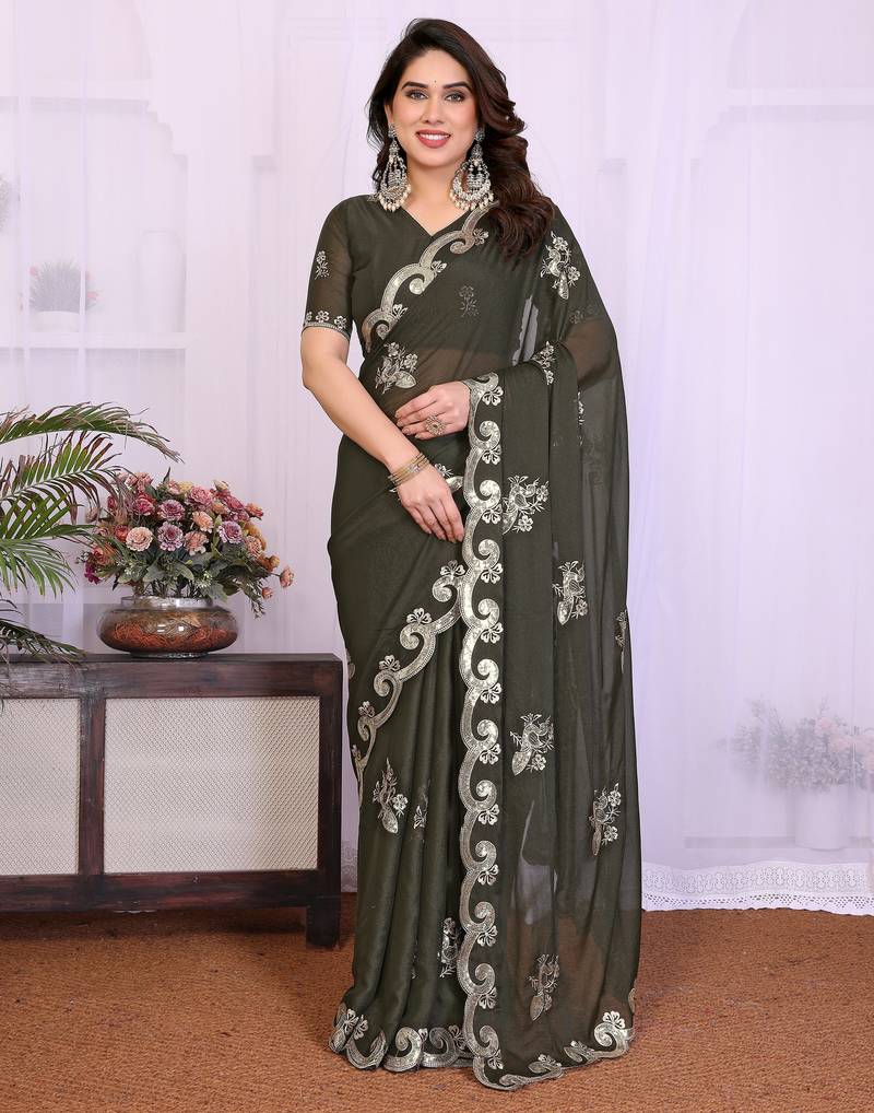 Mehendi saree look rich heavy star georgette silk saree with sequins embroidery work saree and blouse
