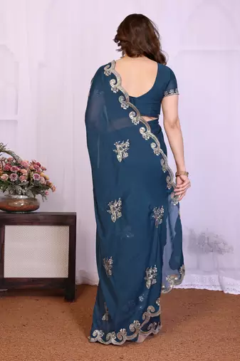 Morpich saree look rich heavy star georgette silk saree with sequins embroidery work saree and blouse