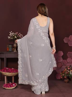 grey saree look georgette silk blend embroidery work saree and blouse with beautiful  tone 3