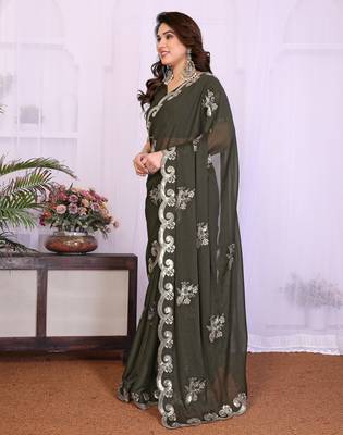 Mehendi saree look rich heavy star georgette silk saree with sequins embroidery work saree and blouse 2