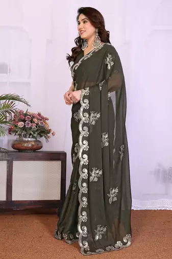 Mehendi saree look rich heavy star georgette silk saree with sequins embroidery work saree and blouse