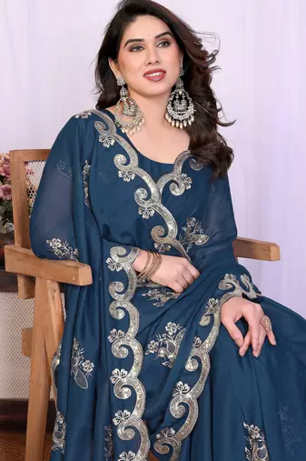 Morpich saree look rich heavy star georgette silk saree with sequins embroidery work saree and blouse