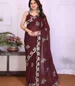 Burgundy saree look rich heavy star georgette silk saree with sequins embroidery work saree and blouse