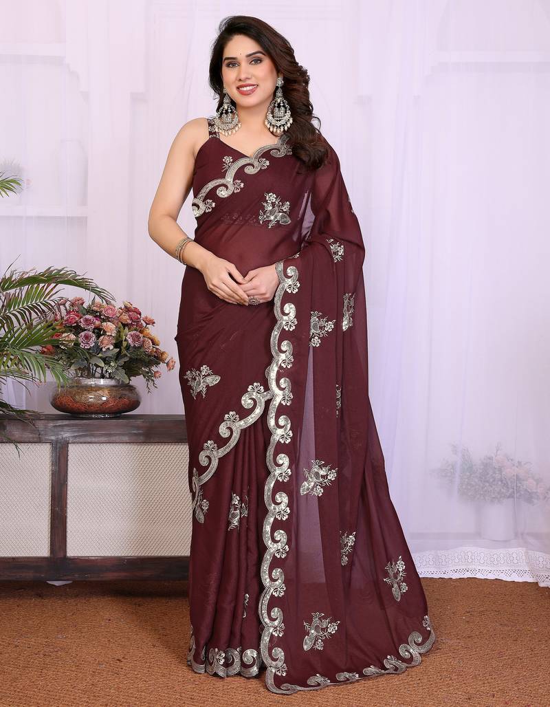 Burgundy saree look rich heavy star georgette silk saree with sequins embroidery work saree and blouse